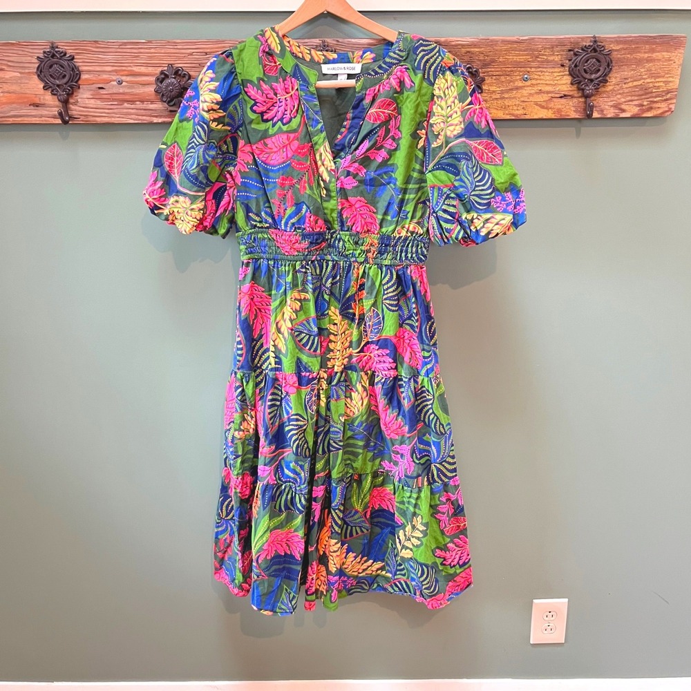 Harlow & Rose Womens Small Tropical Floral Cotton Tiered Midi Dress Puff Sleeve